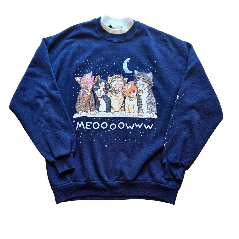 VTG 90s Mary Badenhop Cat Sweatshirt Mock Neck Sleeve Print Logotel For Her XL